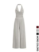 Women's Solid Color Halter Neck Wide Leg Jumpsuit, Casual Comfy Jumpsuit for Summer, Fashion Women's Clothing for Daily Wear,...