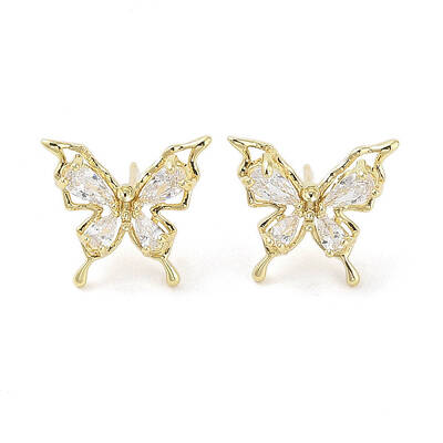 Butterfly Brass Stud Earrings with Glass for Women