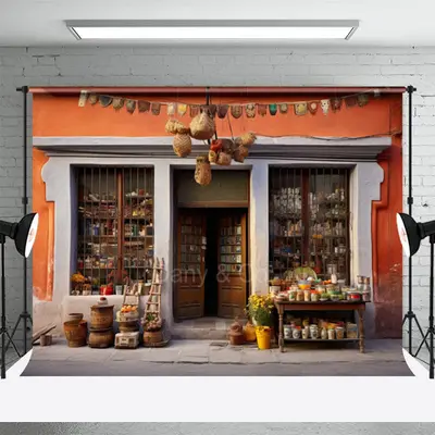 Orange Wall Grocery Store Front Photography Backdrop - Aperturee