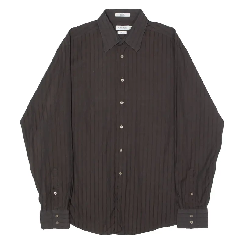 CALVIN KLEIN Slim Fit Mens Shirt Brown Pinstripe Long Sleeve XL