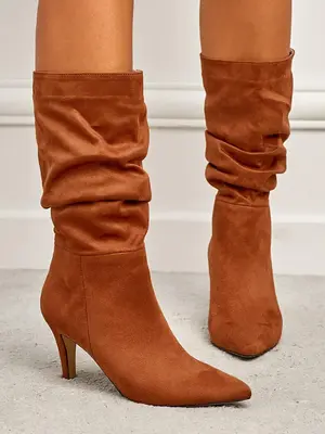 Women's Trendy Ruched Design Mid-calf Boots, Casual Vintage Solid Color Pointed Toe High Heel Boots, Fashionable Boots for Fa...