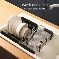 Stainless steel telescopic kitchen storage rack, easy to clean drain rack, suitable for kitchen plates, bowls, tableware, spa...