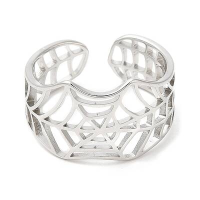 Non-Tarnish 304 Stainless Steel Hollow Spider Web Open Cuff Ring for Women