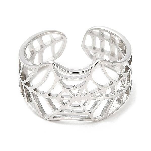 Non-Tarnish 304 Stainless Steel Hollow Spider Web Open Cuff Ring for Women