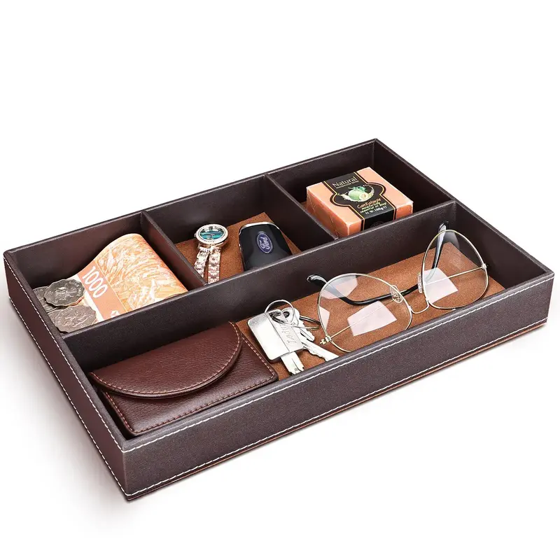 Multi-compartment PU Leather Desktop Organizer, 1 Piece Solid Color Stationery Storage Box For Home Office School