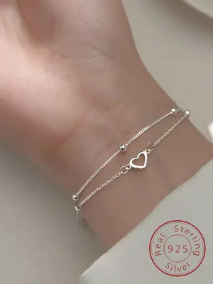 S925 Sterling Silver Heart Design Double Layered Bracelet for Women, Exquisite Trendy Link Bracelet, Chic Gorgeous Jewelry As...