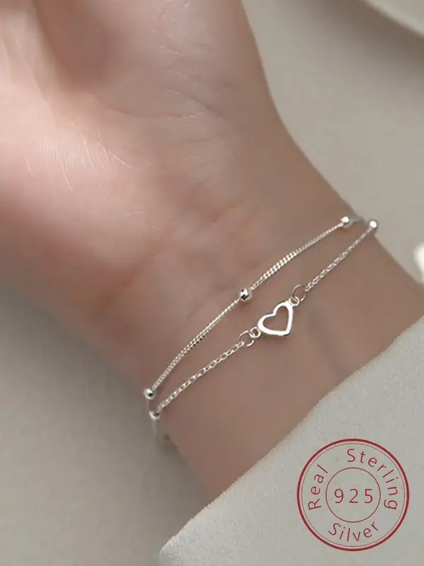S925 Sterling Silver Heart Design Double Layered Bracelet for Women, Exquisite Trendy Link Bracelet, Chic Gorgeous Jewelry As...