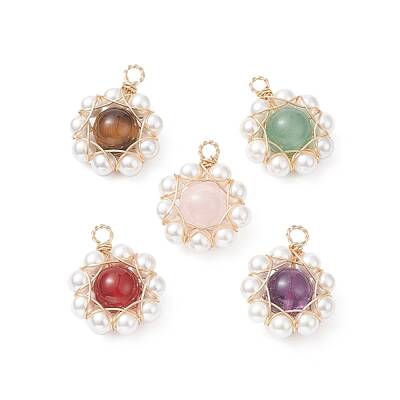 5Pcs 5 Styles Natural Mixed Gemstone Copper Wire Wrapped Pendants
