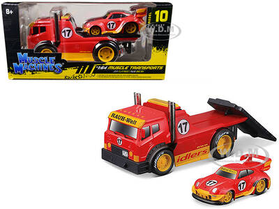 JDM Flatbed Truck #17 Red RAUH-Welt BEGRIFF and Porsche RWB 911 993 #17 Red Muscle Transports Series 1/64 Diecast Model Cars ...