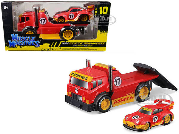 JDM Flatbed Truck #17 Red RAUH-Welt BEGRIFF and Porsche RWB 911 993 #17 Red Muscle Transports Series 1/64 Diecast Model Cars ...