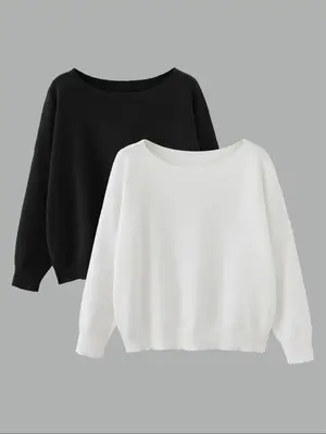 Women's Solid Color Drop Shoulder Boat Neck Sweater, Casual Long Sleeve Jumper for Fall & Winter, Fashion Ladies' Knitwear f...