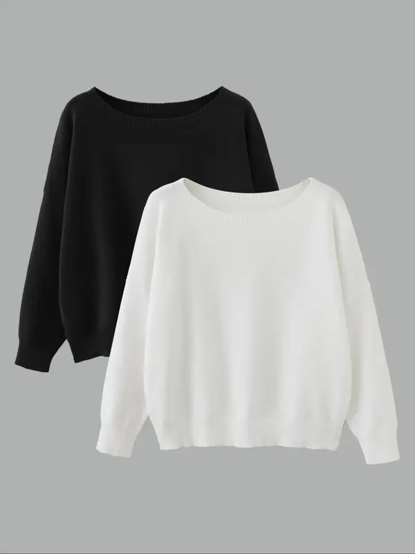 Women's Solid Color Drop Shoulder Boat Neck Sweater, Casual Long Sleeve Jumper for Fall & Winter, Fashion Ladies' Knitwear f...