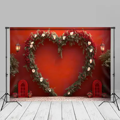 Heart Leaves Floral Red Wall Photo Studio Backdrop - Aperturee