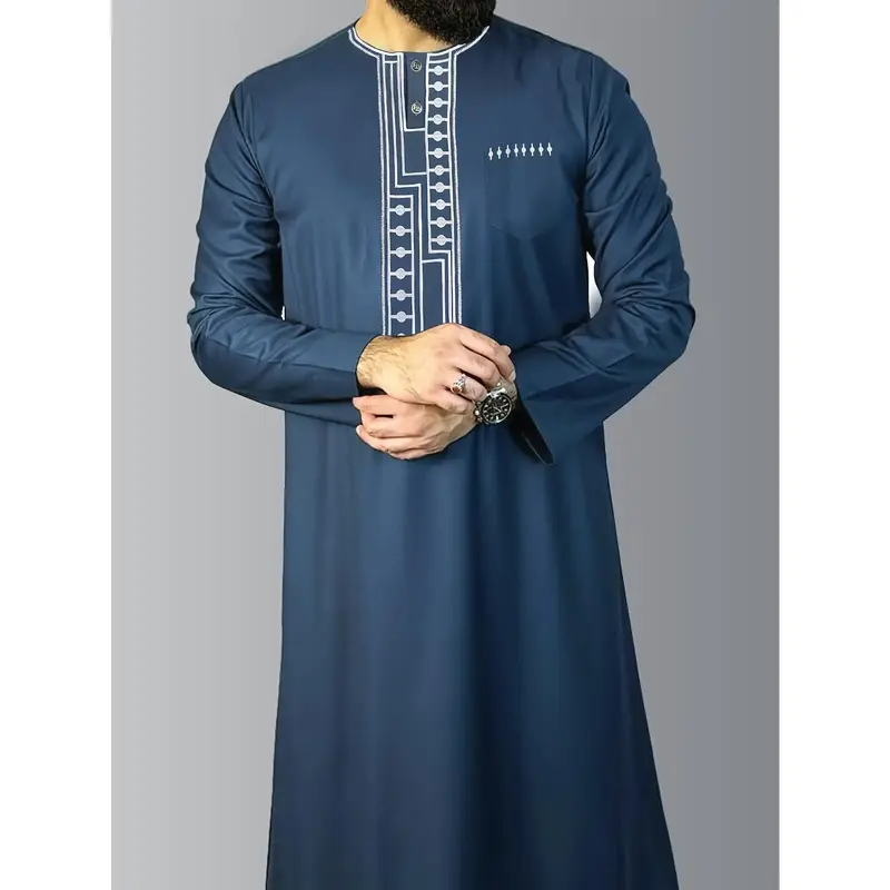 Blue Striped Casual 1pc Men's Traditional Middle Eastern Thobe - Polyester Long Sleeve with White Embroidery and Side Pocket,...