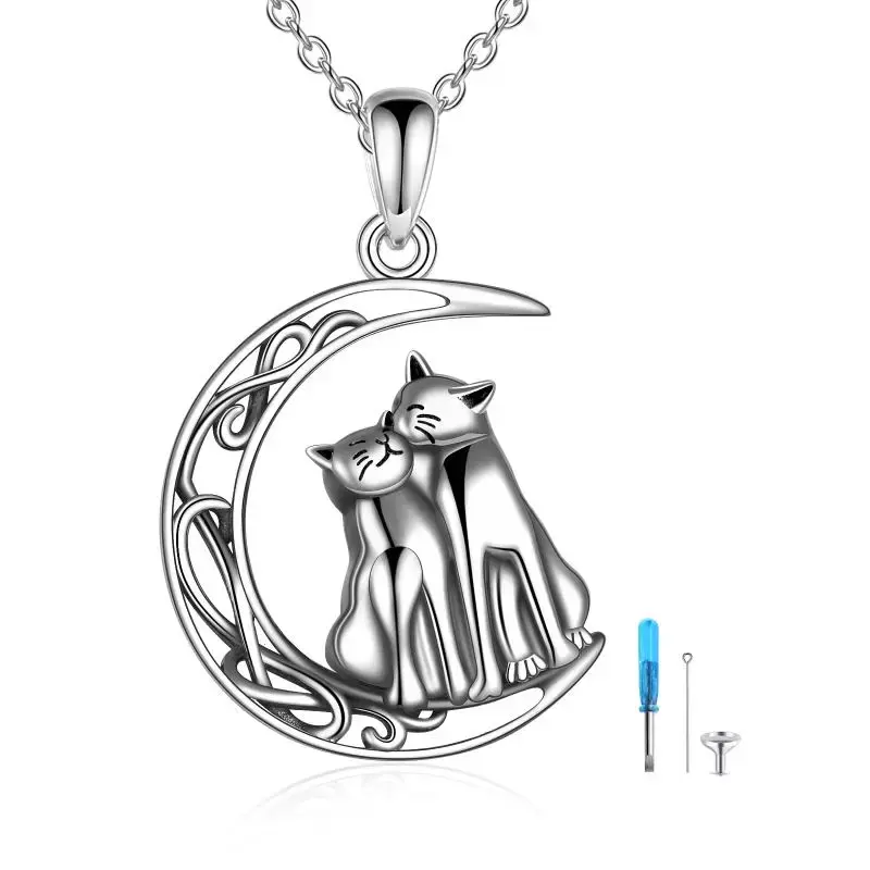 Sterling Silver Cat & Moon With Celtic Knot Urn Necklace For Ashes