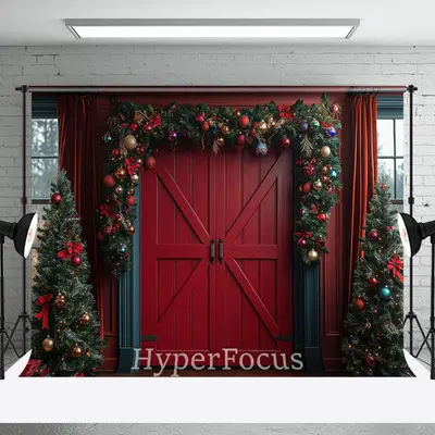 Red Wood Door Festive Christmas Vibe Photo Backdrop - Aperturee