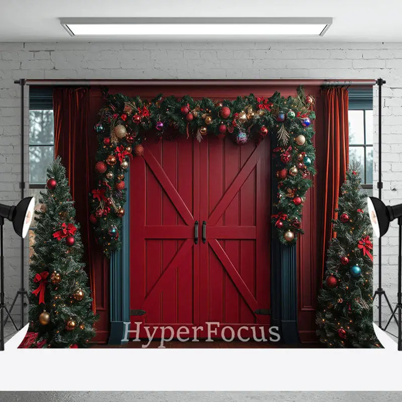 Red Wood Door Festive Christmas Vibe Photo Backdrop - Aperturee