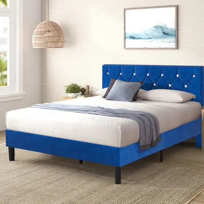 VECELO Upholstered with Tufted Diamond Button Headboard Queen Size Wood Support Platform Base Frame Mattress Foundation No Bo...