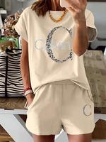 Two-piece Set Women's Letter & Leopard Print Short Sleeve Tee & Shorts, Casual Round Neck T-shirt & Skinny Shorts, Ladies Sum...