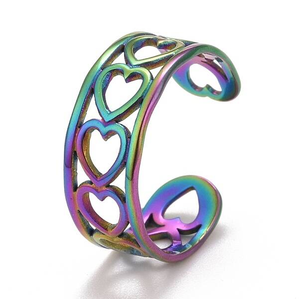 Rainbow Color Ion Plating(IP) 304 Stainless Steel Heart Wrap Open Cuff Ring for Women