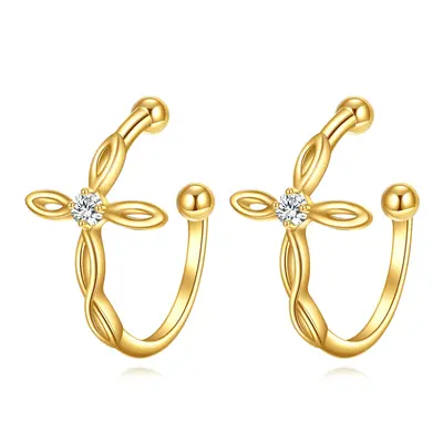 14K Gold Cubic Zirconia Cross Cuff Earrings
