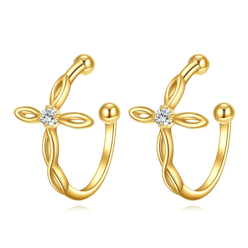 14K Gold Cubic Zirconia Cross Cuff Earrings