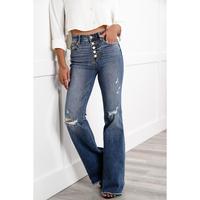 Judy Blue Mid Rise Medium Wash Button Fly Distressed Flare Jeans with Fray Hem