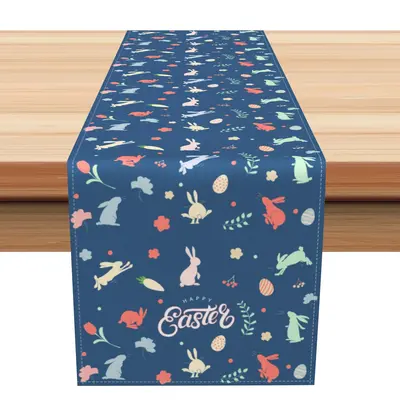 Aperturee Retro Blue Dense Bunny Floral Easter Table Runner | Seasonal Printed Table Runner | Custom Table Runner | Custom Pr...