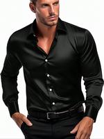 Men's Solid Button Front Shirt, Slim Business Formal Long Sleeve Collar Top, Summer Clothes Women, Casual Men's Top for Spr...