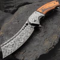 Boot Hill Razor Pocket Knife - Damascus Pattern Steel Blade, Wooden Handle Scales, Assisted Opening, Damascus Bolsters, Pocke...