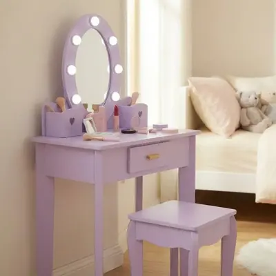 Garvee Kids Vanity with Lights, Kids Vanity Table and Chair Set with Mirror & Storage Drawer, Little Princess Makeup Table wi...