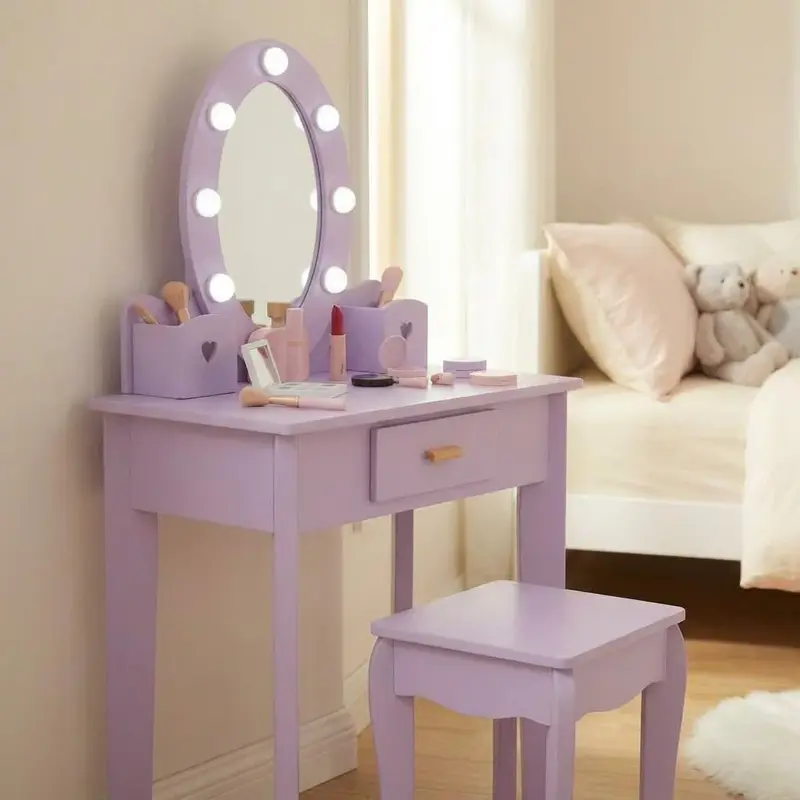 Garvee Kids Vanity with Lights, Kids Vanity Table and Chair Set with Mirror & Storage Drawer, Little Princess Makeup Table wi...