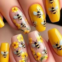 Bee & Flower Pattern Fake Nails with Nail File & Tape, 24pcs Long Square Glossy Press on Nails for Women & Girls DIY Nail Art...
