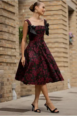 Goddiva Jacquard Multiway Bow Strap Skater Midi Dress - Black