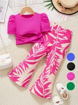 Girl's Plain Top & Flare Leg Pants Two-piece Set, Casual Fashion Short Sleeve Top & Bell Bottom Trousers for Daily Outdoor We...