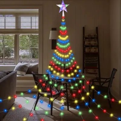 200 LEDs Five-pointed Star Christmas Lights, 200cm/78.74in USB Powered 8 Modes Waterfall Light, Indoor & Outdoor Colorful Lig...