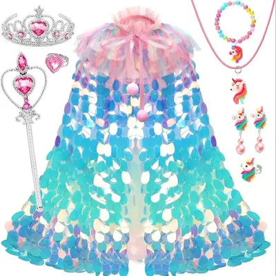 Princess Cape Suit, 9 Counts/set Shiny Sequins Rainbow Unicorn Princess Dress Up Clothes, Kids Costumes Toys, Birthday Gift P...