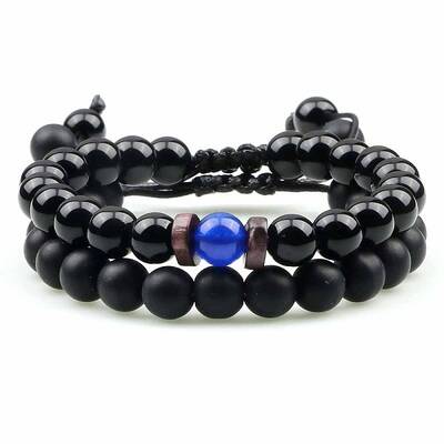 Ethnic Style Frosted Round Natural Obsidian & Natural Agate Braided Beaded Bracelets Sets for Women Men