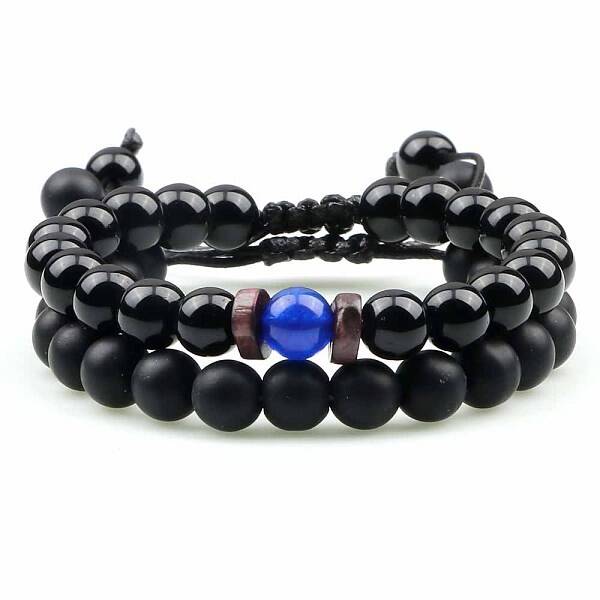 Ethnic Style Frosted Round Natural Obsidian & Natural Agate Braided Beaded Bracelets Sets for Women Men