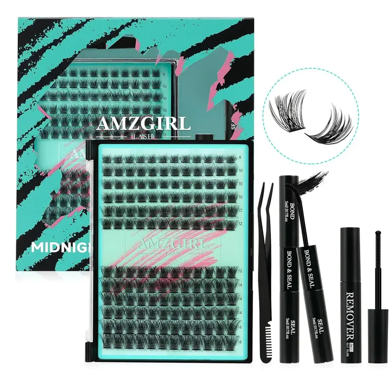 AMZGIRL LASH DIY Lash Extensions Kit 144pcs Midnight Waterproof Eyelashes Makeup Cosmetic Set with Bond Seal Remover Applicat...