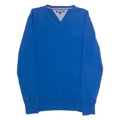 TOMMY HILFIGER Boys Patterned Jumper Blue V-Neck Tight Knit 14Y