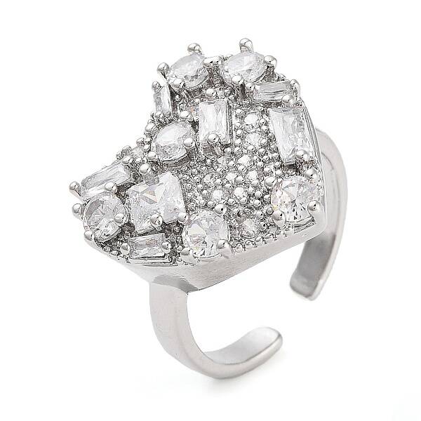 Rack Plating Brass Micro Pave Cubic Zirconia Heart Open Cuff Rings for Women
