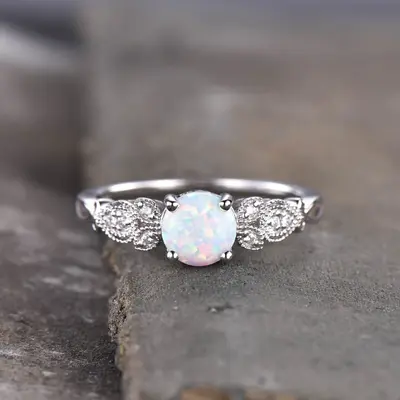 Milgrain White  Opal Engagement Ring White Gold Leaf Diamond