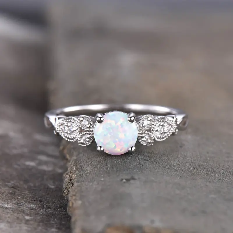 Milgrain White  Opal Engagement Ring White Gold Leaf Diamond