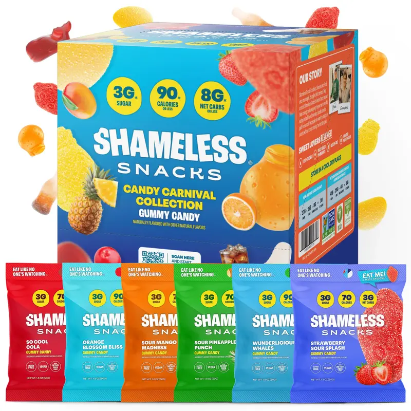 Shameless Snacks Candy Carnival Collection - Vegan Low Sugar Gummy Candy with Pineapple Mango Orange Strawberry & Cola Flavor...