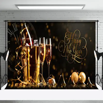 Aperturee Champagne Bucket Clock Happy New Year Photo Backdrop