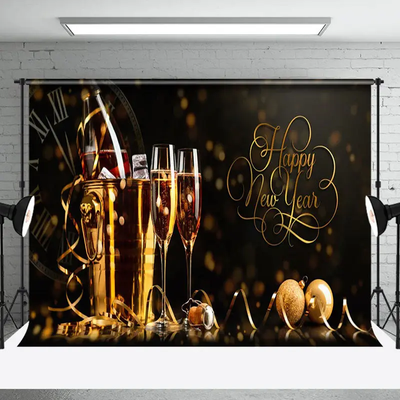 Aperturee Champagne Bucket Clock Happy New Year Photo Backdrop