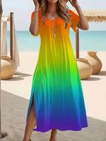 【Plus Size】 All Over Ethnic Pattern V Neck Dress, Plus Boho Short Sleeve Long Dress for Beach Holiday Vacation, Women's P...