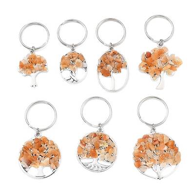 Natural Red Aventurine Chip & Alloy Tree of Life Pendant Keychain
