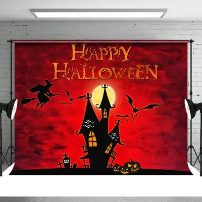 Spook House Bat Pumpkin Moon Red Halloween Backdrop - Aperturee